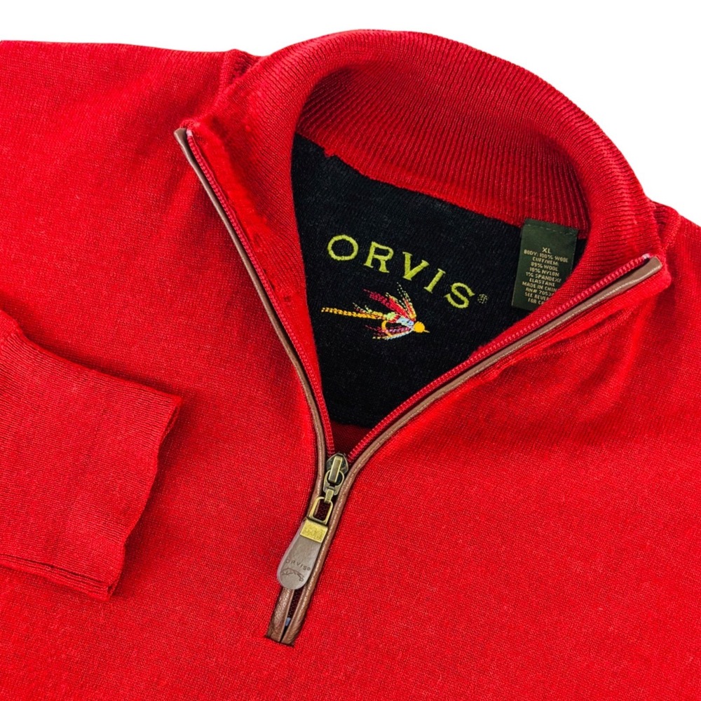 Orvis Men's Size XL Sweater Red Burgundy 100% Wool 1/4 Zip Pullover